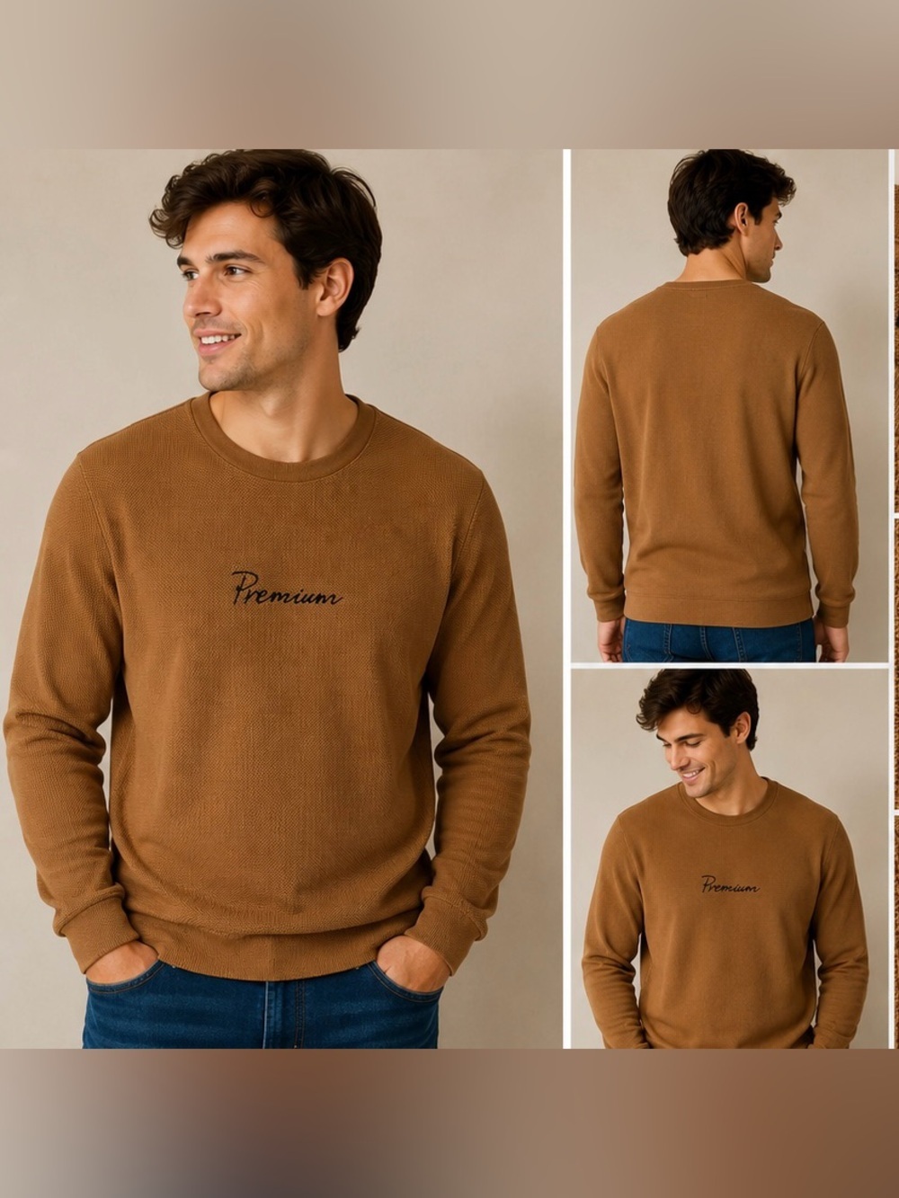 Jack & Jones Premium Men’s Large Brown Textured Crew Neck Sweater